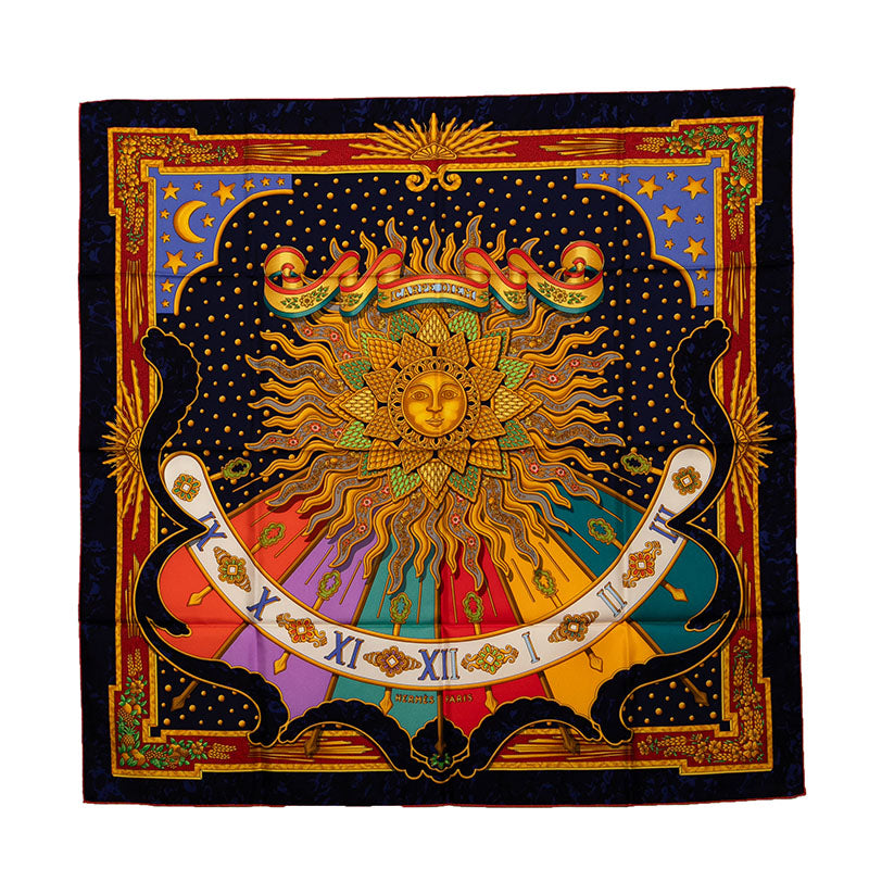 エルメス カレ90 CARPE DIEM 今日一日を楽しむ スカーフ ネイビー ゴールド マルチカラー シルク レディース HERMES 【中古】