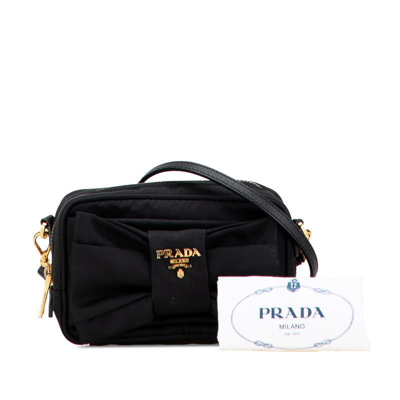 プラダ ロゴ リボン ショルダーバッグ ポーチ ブラック ナイロン レディース PRADA 【中古】