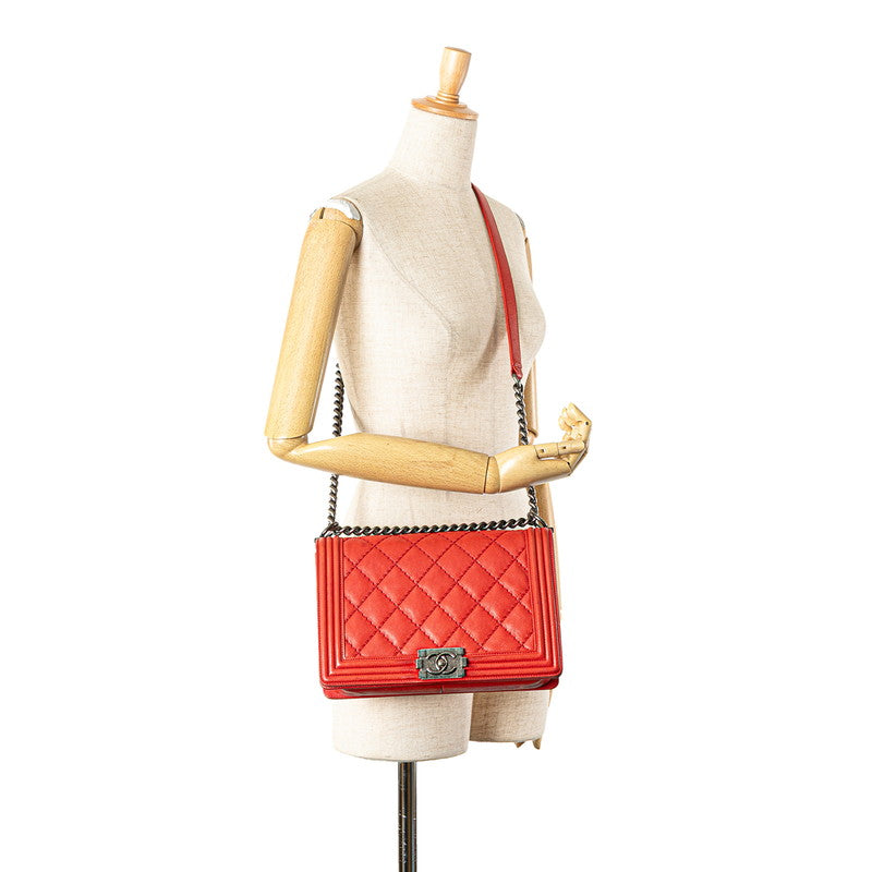 シャネル ボーイシャネル ココマーク チェーン ショルダーバッグ ハンドバッグ レッド シルバー ラムスキン レディース CHANEL 【中古】