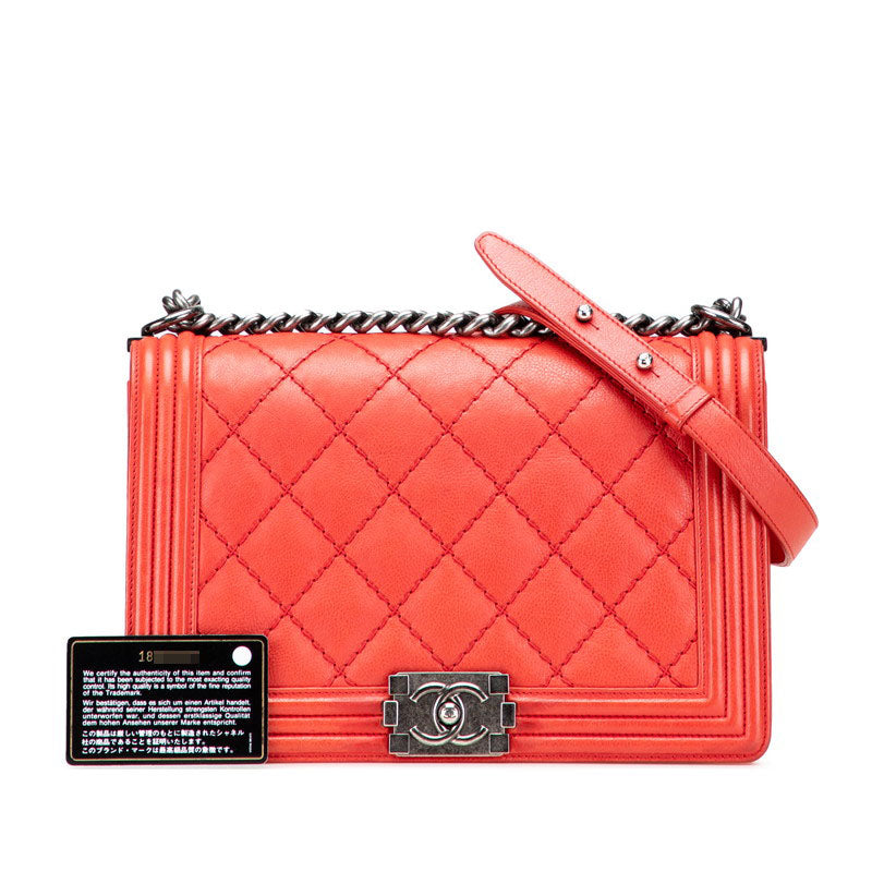 シャネル ボーイシャネル ココマーク チェーン ショルダーバッグ ハンドバッグ レッド シルバー ラムスキン レディース CHANEL 【中古】