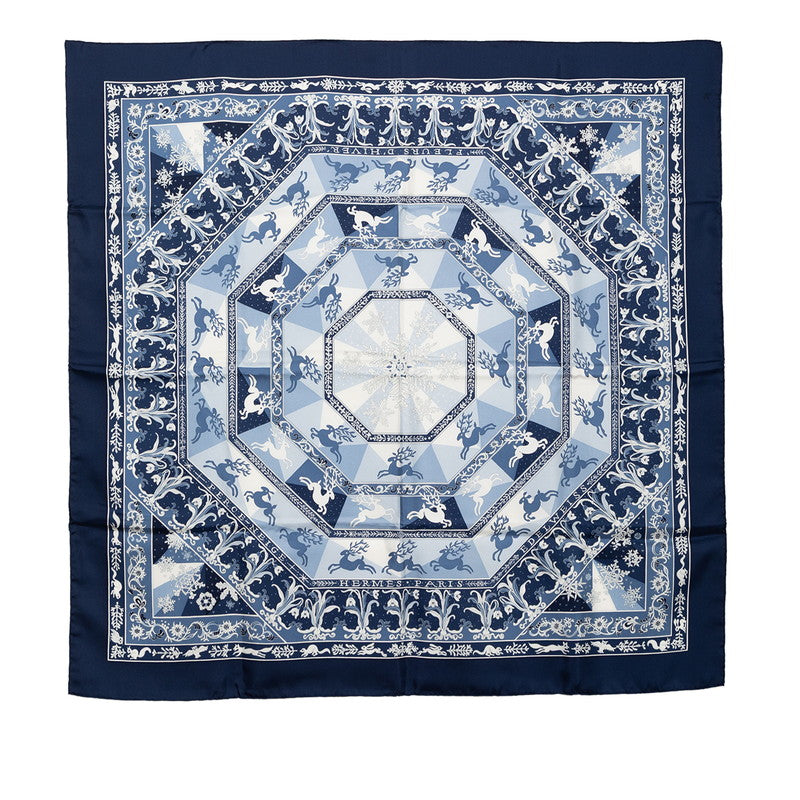 エルメス カレ90 冬の華 Fleurs D'hiver スカーフ ネイビー マルチカラー シルク レディース HERMES 【中古】