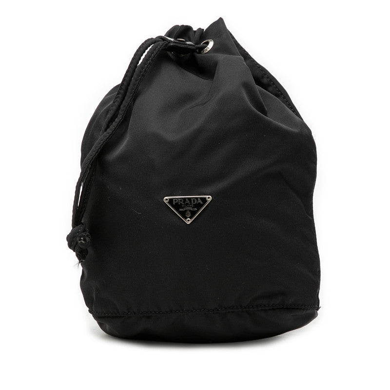 プラダ 三角ロゴプレート 巾着ポーチ 小物入れ ブラック ナイロン レディース PRADA 【中古】