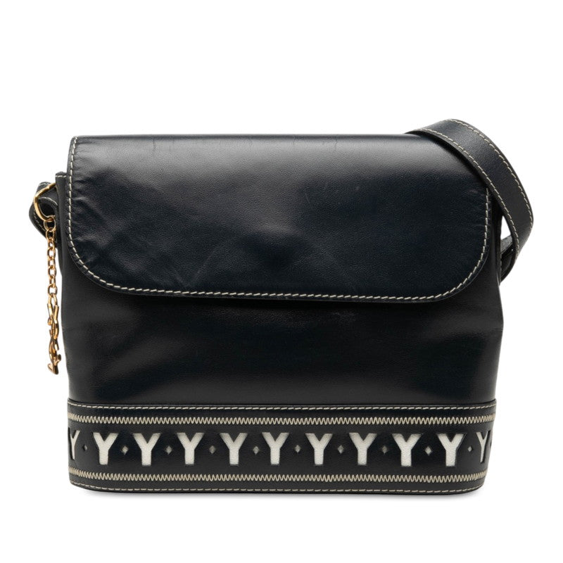 サンローラン ヴィンテージ Yカット 斜めかけ ショルダーバッグ ネイビー ホワイト レザー レディース SAINT LAURENT 中古