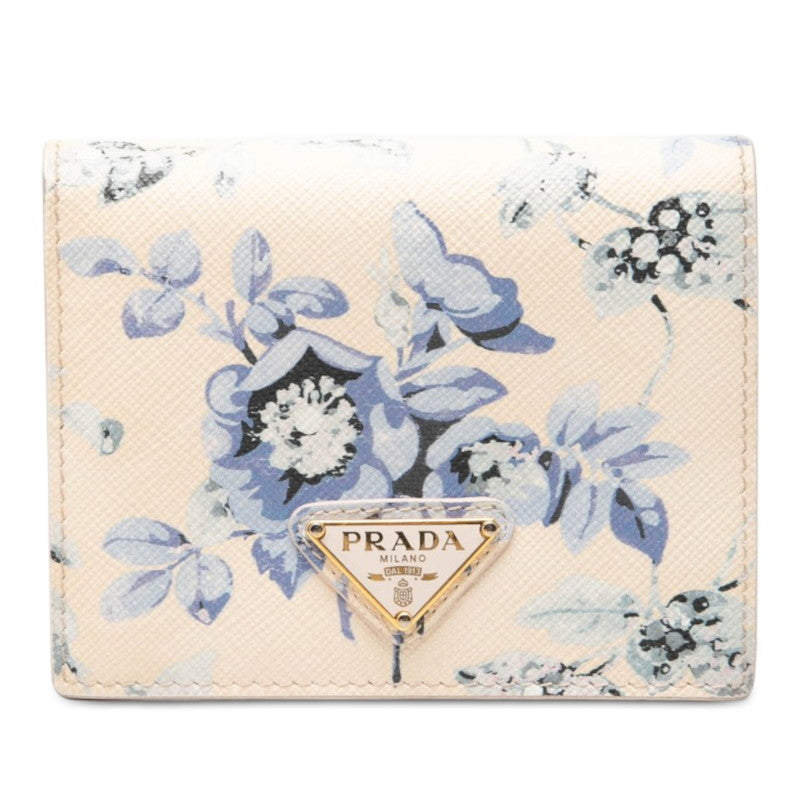 プラダ 三角ロゴプレート フラワープリント 二つ折り財布 ピンク ブルー系 サフィアーノレザー レディース PRADA 中古