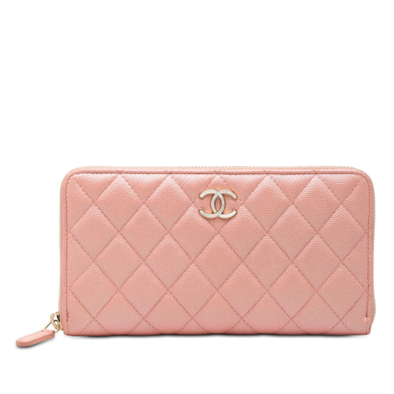 シャネル ココマーク マトラッセ ラウンドファスナー 長財布 ピンク キャビアスキン レディース CHANEL 【中古】