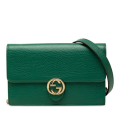 グッチ インターロッキングG チェーンウォレット ショルダーバッグ 615523 グリーン レザー レディース GUCCI 中古