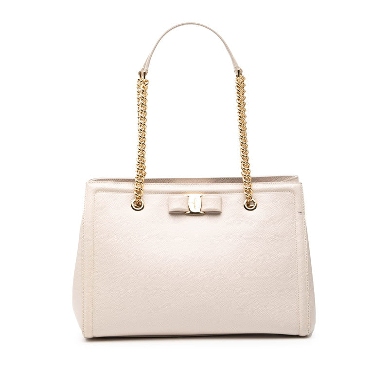 サルヴァトーレフェラガモ ヴァラリボン チェーン トートバッグ ベージュ レザー レディース Salvatore Ferragamo 【中古】