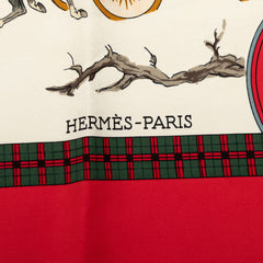 エルメス カレ90 冬の郵便馬車 L'Hiver en Poste スカーフ レッド マルチカラー シルク レディース HERMES 【中古】