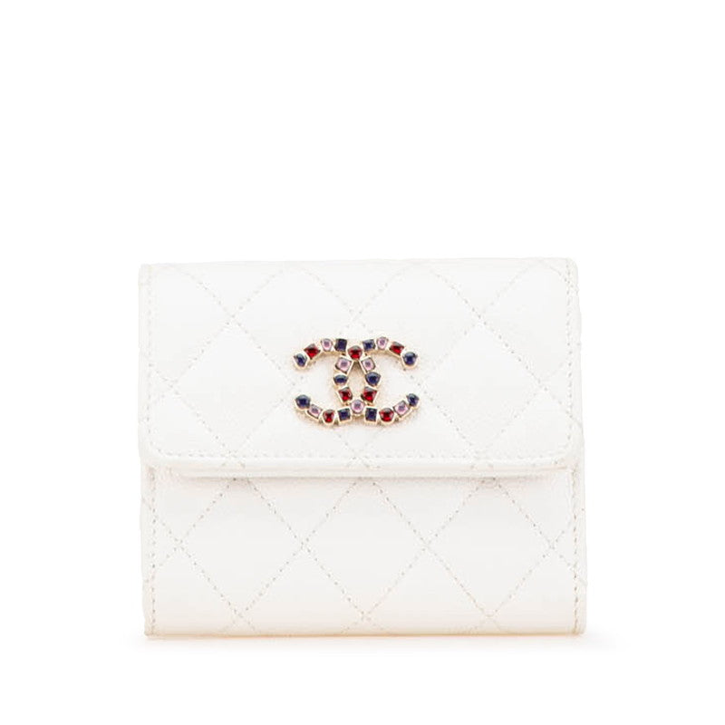 シャネル マトラッセ ココマーク ビジュー 三つ折り財布 AP3604 ホワイト キャビアスキン レディース CHANEL 【中古】