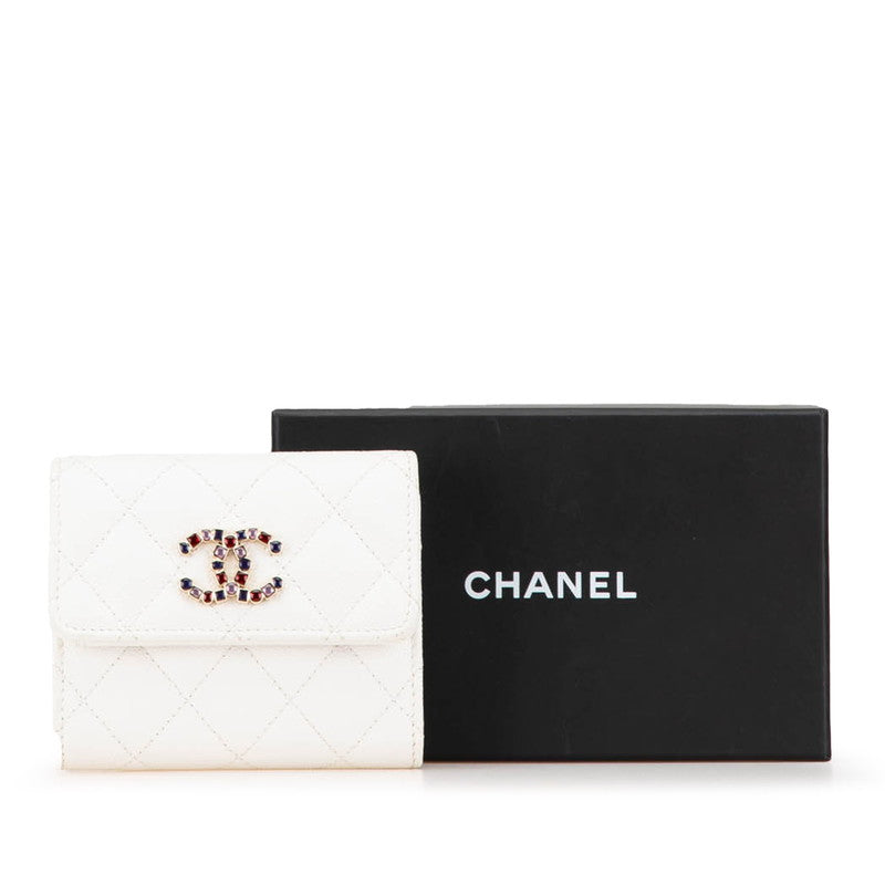 シャネル マトラッセ ココマーク ビジュー 三つ折り財布 AP3604 ホワイト キャビアスキン レディース CHANEL 【中古】