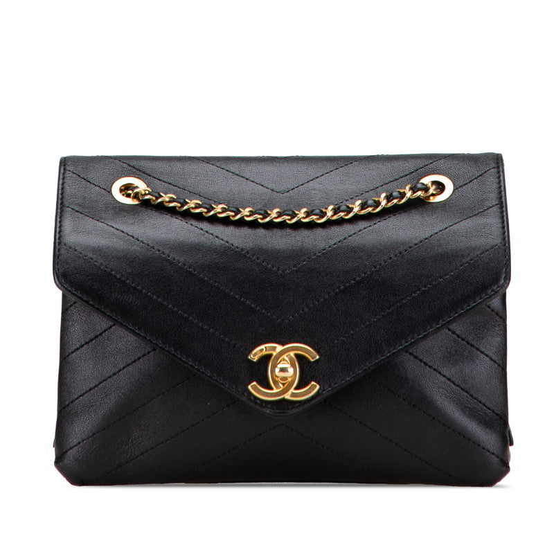 シャネル シェブロン ココマーク チェーン ショルダーバッグ ハンドバッグ ブラック ラムスキン レディース CHANEL 【中古】