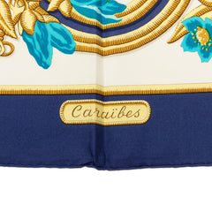 エルメス カレ90 Caraibes カリブ鳥 スカーフ ネイビー ホワイト シルク レディース HERMES 【中古】