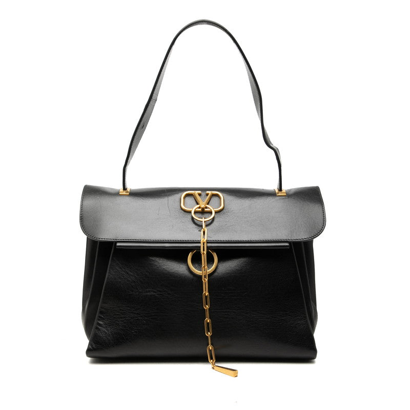 ヴァレンティノ Vリング チェーン ワンショルダーバッグ ハンドバッグ ブラック レザー レディース VALENTINO 中古