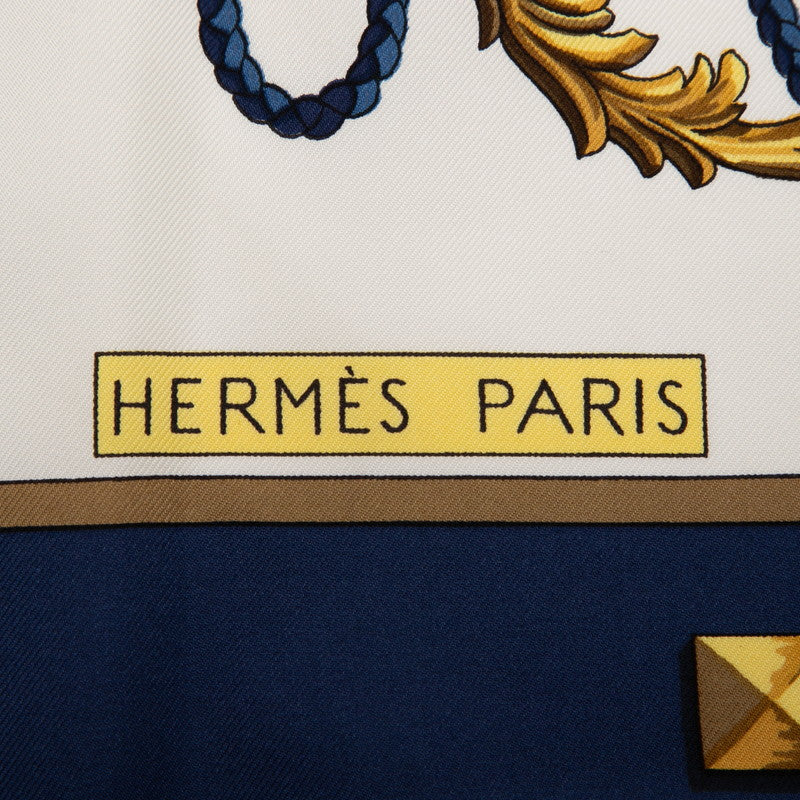 エルメス カレ90 LES CLES 鍵 スカーフ ブルー ホワイト ゴールド シルク レディース HERMES 【中古】