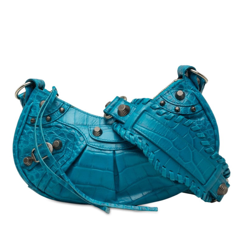 バレンシアガ ル カゴール XS ミニ 斜め掛け ショルダーバッグ クロコ型押し 671309 ブルー レザー レディース BALENCIAGA 中古