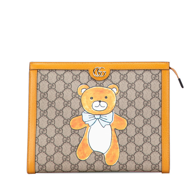 グッチ × EXO KAI GGスプリーム テディベア クラッチバッグ 660513 ベージュ オレンジ PVC レザー レディース GUCCI 【中古】