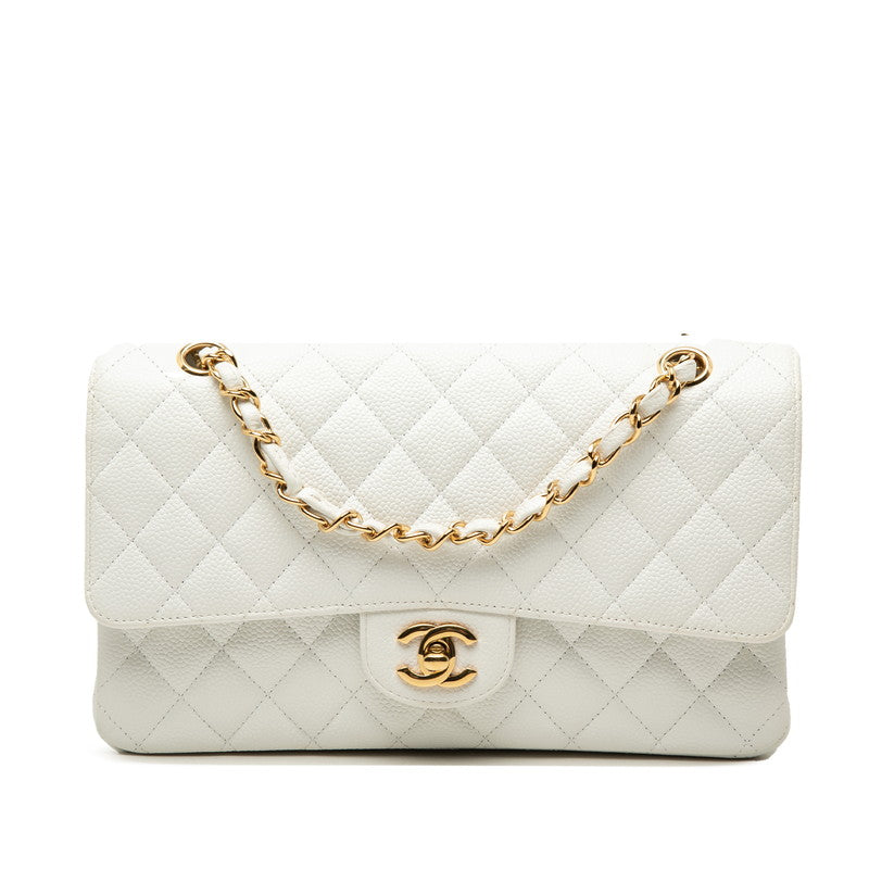 シャネル ココマーク ダブルフラップ マトラッセ25 チェーン ショルダーバッグ ホワイト キャビアスキン レディース CHANEL 中古