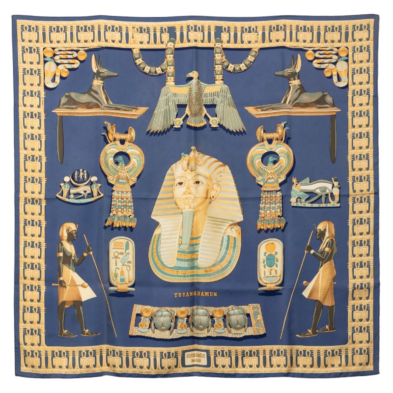 エルメス カレ90 TUTANKHAMUN ツタンカーメン スカーフ ブルー マルチカラー シルク レディース HERMES 【中古】