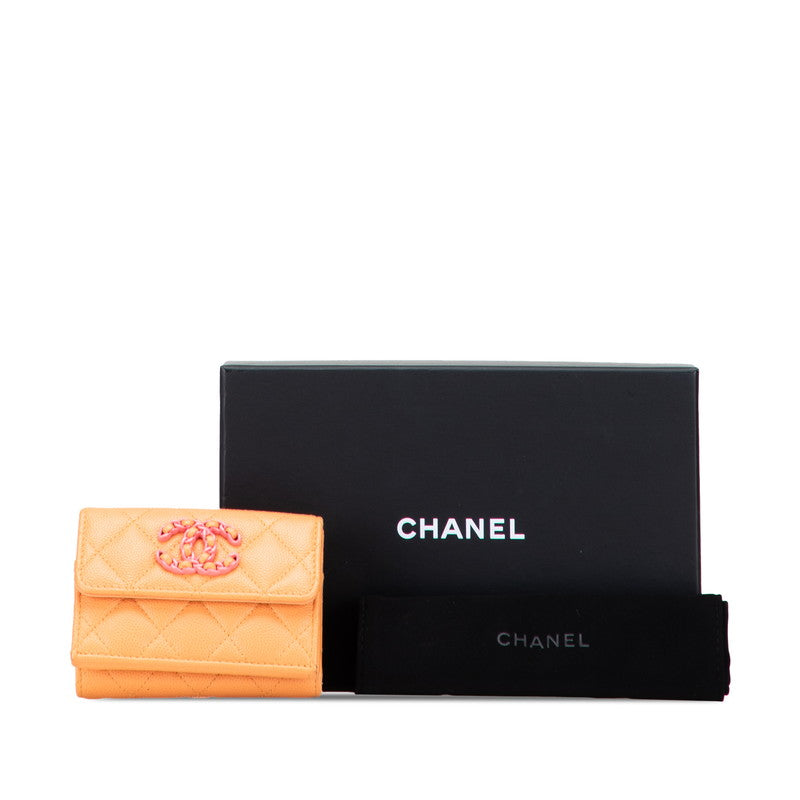 シャネル マトラッセ ココマーク コンパクトウォレット 三つ折り財布 オレンジ キャビアスキン レディース CHANEL 【中古】
