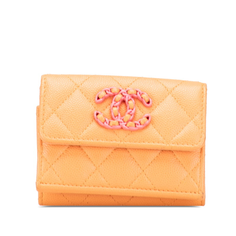 シャネル マトラッセ ココマーク コンパクトウォレット 三つ折り財布 オレンジ キャビアスキン レディース CHANEL 【中古】