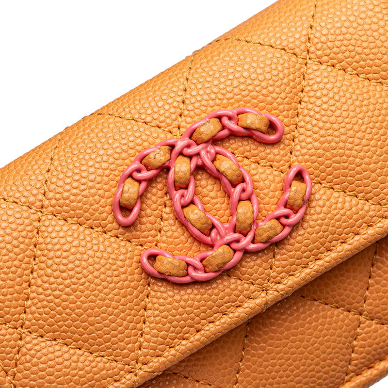 シャネル マトラッセ ココマーク コンパクトウォレット 三つ折り財布 オレンジ キャビアスキン レディース CHANEL 【中古】