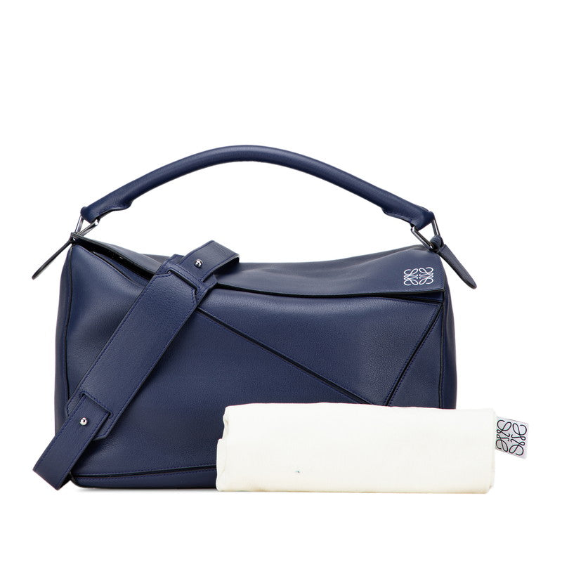 ロエベ アナグラム パズルバッグ ラージ ハンドバッグ ショルダーバッグ 2WAY ブルー ネイビー レザー レディース LOEWE 【中古】