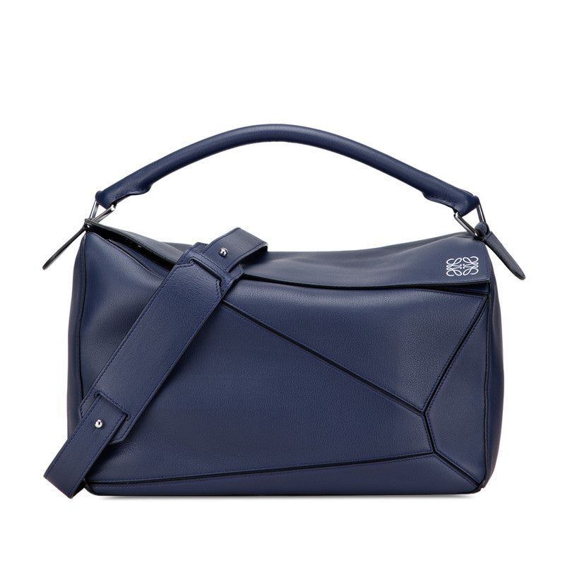 ロエベ アナグラム パズルバッグ ラージ ハンドバッグ ショルダーバッグ 2WAY ブルー ネイビー レザー レディース LOEWE 【中古】