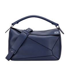 ロエベ アナグラム パズルバッグ ラージ ハンドバッグ ショルダーバッグ 2WAY ブルー ネイビー レザー レディース LOEWE 【中古】