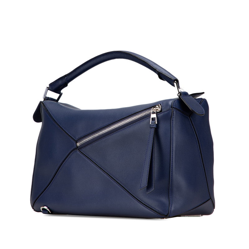 ロエベ アナグラム パズルバッグ ラージ ハンドバッグ ショルダーバッグ 2WAY ブルー ネイビー レザー レディース LOEWE 【中古】