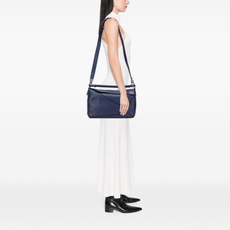 ロエベ アナグラム パズルバッグ ラージ ハンドバッグ ショルダーバッグ 2WAY ブルー ネイビー レザー レディース LOEWE 【中古】