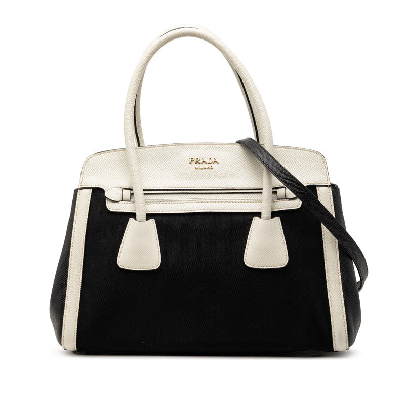 プラダ ショルダー トート ハンドバッグ　2WAY BN2595 ブラック ホワイト キャンバス サフィアーノレザー レディース PRADA 【中古】