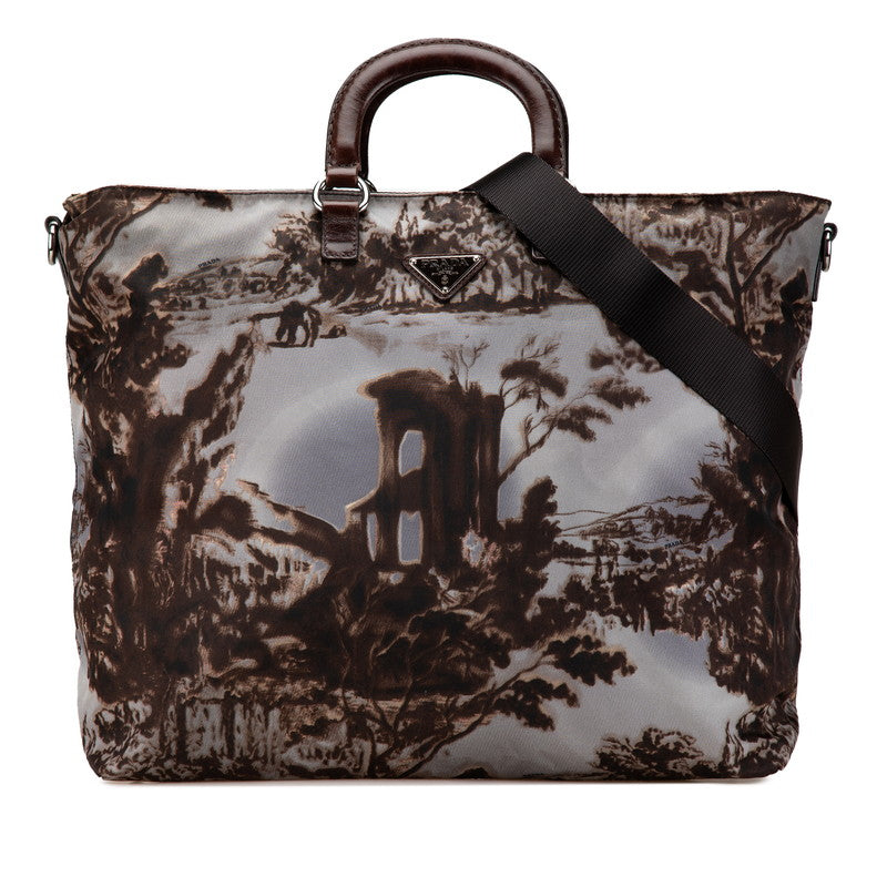 プラダ 三角ロゴプレート 風景柄 ハンドバッグ トートバッグ ショルダーバッグ 2WAY BN2044 ブラウン グレー ブルー ナイロン レザー レディース PRADA 【中古】