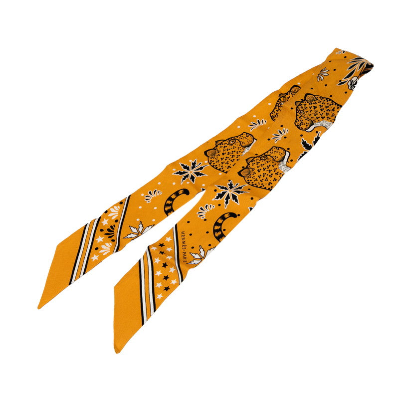エルメス ツイリー LES LEOPARDS レオパード スカーフ オレンジ ブラック ホワイト シルク レディース HERMES 【中古】