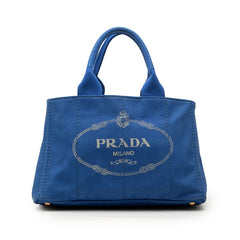 プラダ 三角ロゴプレート カナパ トートバッグ ハンドバッグ ブルー ゴールド キャンバス レディース PRADA 【中古】