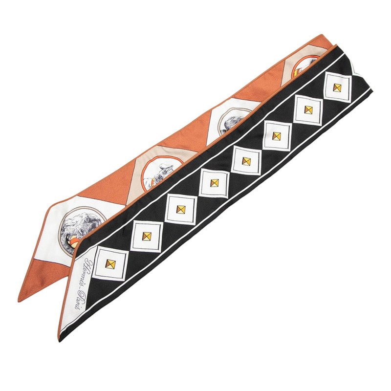 エルメス ツイリー Colliers et Chiens コリエ・エ・シアン スカーフ ブラック ブラウン シルク レザー レディース HERMES 【中古】