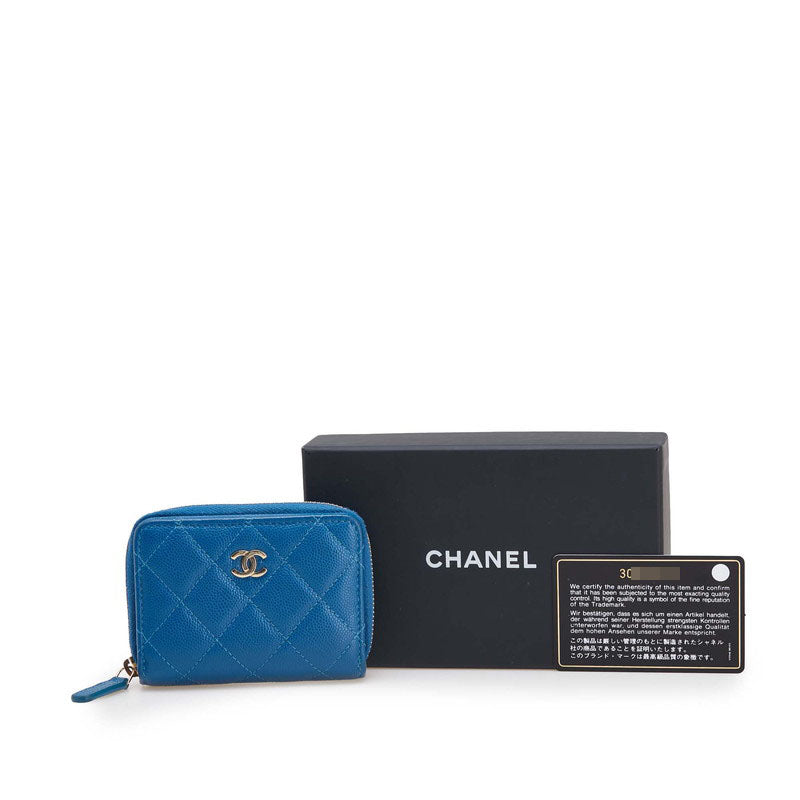 シャネル ココマーク マトラッセ ラウンドファスナー コインケース ブルー キャビアスキン レディース CHANEL 【中古】