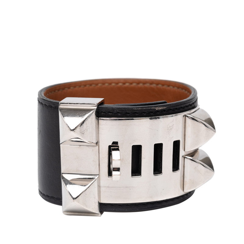 エルメス コリエドシアン バングル ブレスレット サイズ:S ブラック シルバー ボックスカーフ メタル レディース HERMES 【中古】
