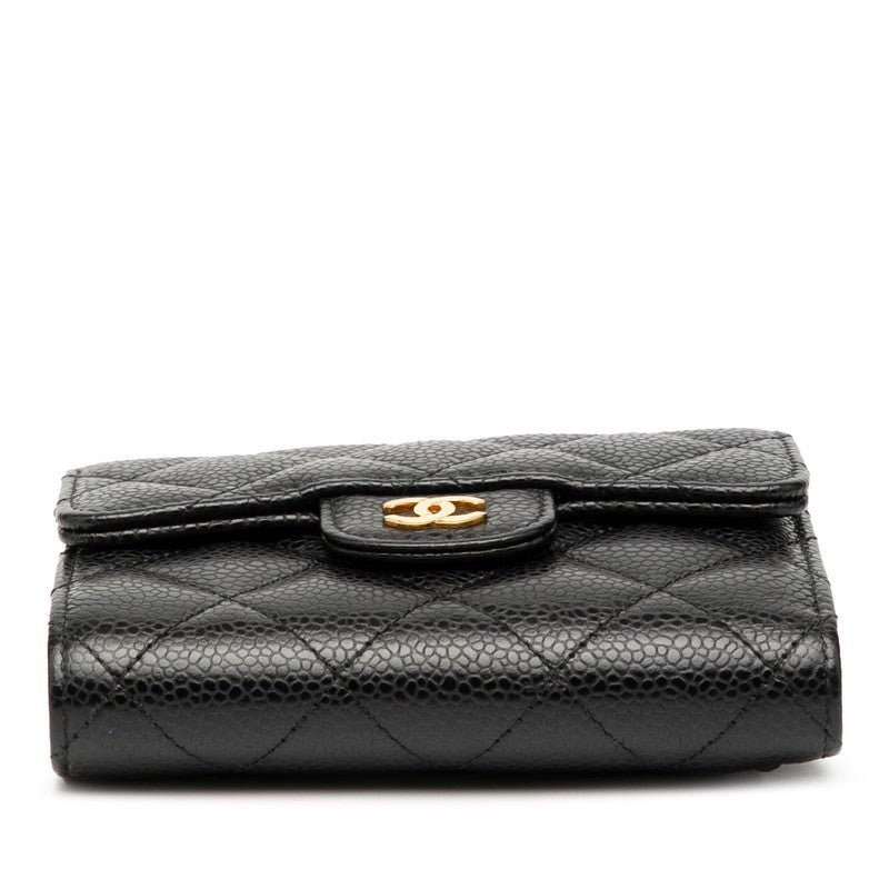 シャネル マトラッセ ココマーク 三つ折り財布 ブラック ゴールド金具 キャビアスキン レディース CHANEL 【中古】