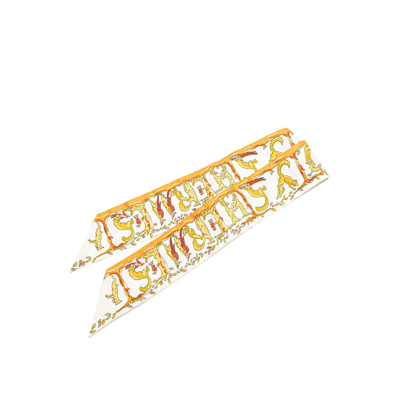 エルメス ツイリー 動物 アニマル モチーフ スカーフ ホワイト オレンジ マルチカラー シルク レディース HERMES 【中古】