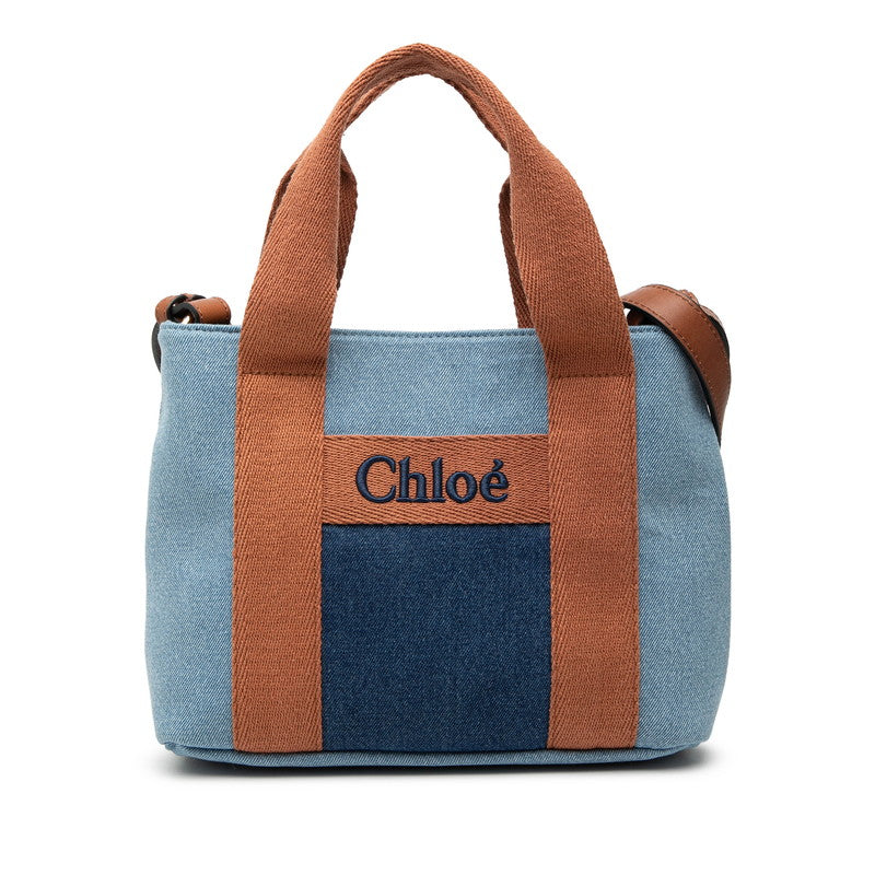 クロエ ロゴ ハンドバッグ ショルダーバッグ 2WAY ブルー ブラウン デニム レザー レディース Chloe 【中古】