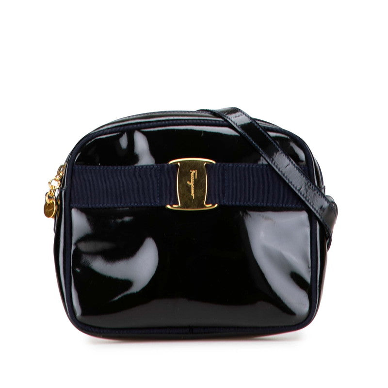 サルヴァトーレフェラガモ ヴァラ ショルダーバッグ ブラック ネイビー エナメル レザー レディース Salvatore Ferragamo 【中古】