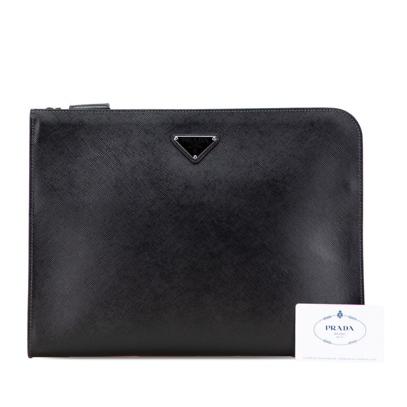 プラダ 三角ロゴプレート クラッチバッグ ブラック レザー レディース PRADA 【中古】