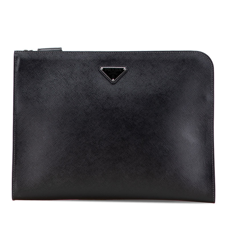 プラダ 三角ロゴプレート クラッチバッグ ブラック レザー レディース PRADA 【中古】