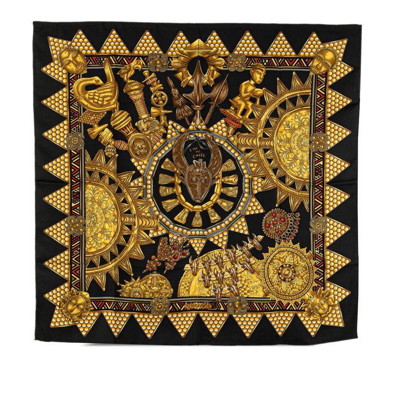 エルメス カレ90 L'OR DES CHEFS 首長達の金 スカーフ ブラック ゴールド マルチカラー シルク レディース HERMES 【中古】