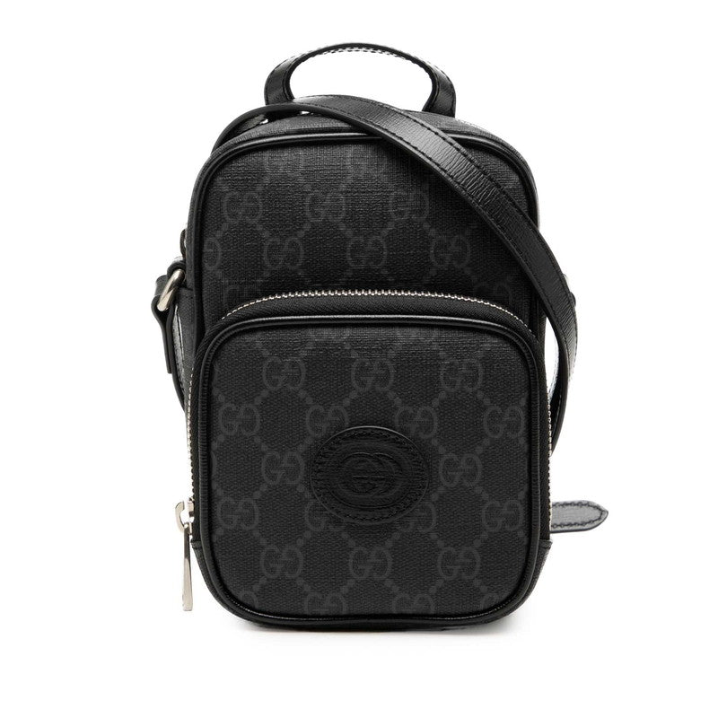 グッチ GGスプリーム インターロッキングG 斜め掛け ショルダーバッグ 672952 ブラック グレー PVC レザー レディース GUCCI 中古