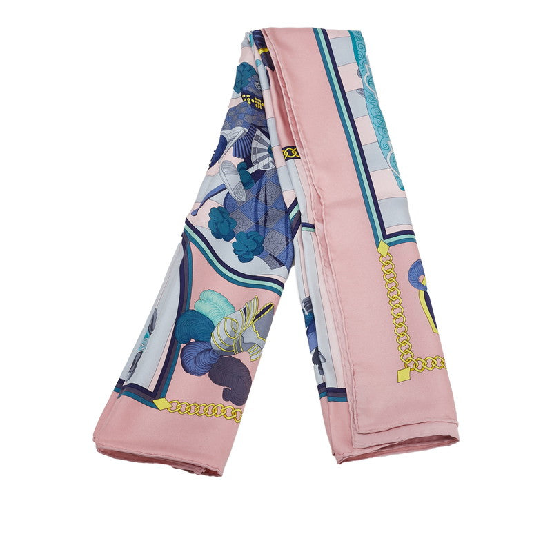 エルメス カレ90 CHOCS EN PLUMES 羽飾りの激突 スカーフ ピンク マルチカラー シルク レディース HERMES 【中古】