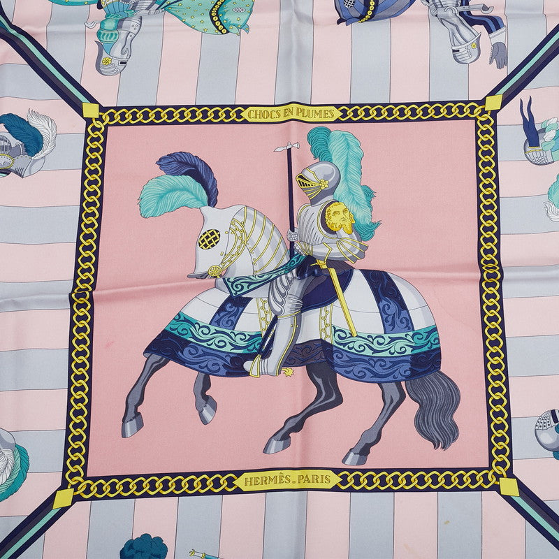 エルメス カレ90 CHOCS EN PLUMES 羽飾りの激突 スカーフ ピンク マルチカラー シルク レディース HERMES 【中古】