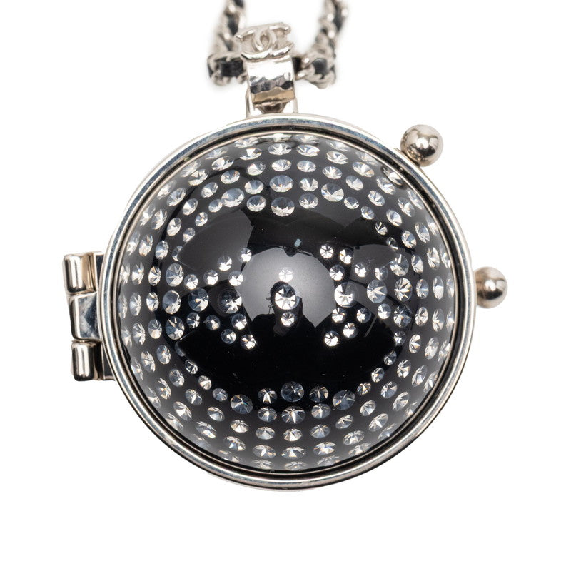 シャネル ココマーク ラインストーン ミラー ネックレス シルバー ブラック メタル レザー レディース CHANEL 【中古】