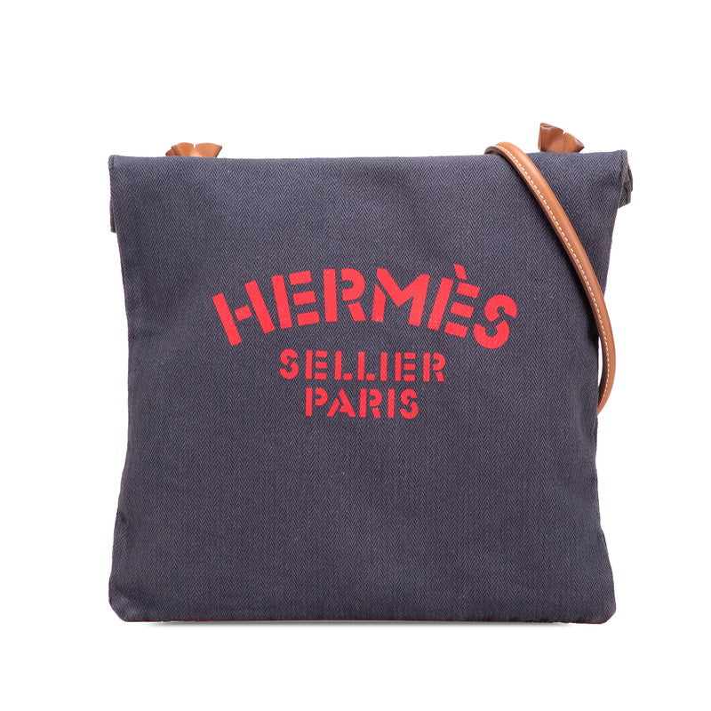 エルメス サックアリーヌMM ショルダーバッグ ネイビー ブラウン レッド コットン レザー レディース HERMES 【中古】
