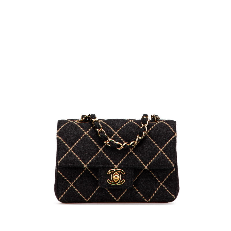 シャネル ワイルドステッチ ミニマトラッセ チェーン ショルダーバッグ グレー ウール レディース CHANEL 【中古】